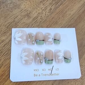 Floral French with Green Tips | Press on Nails - Handmade | Sz Medium